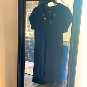 Navy dress with tie detail